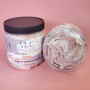 Mocha Vanilla Whipped Body Butter & Foaming Body Soap Set Bath and Body, Non-Greasy Whipped Shea and Mango Body Butter, Exfoliating Scrub