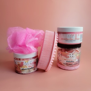 Luxury Self Care Gift Set, Bath and Body Gift Basket for Women, Strawberry Scent Whipped Soap & Whipped Body Butter, Skincare Bundle Box