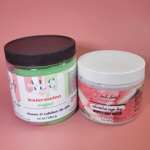 Watermelon Whipped Body Butter & Foaming Sugar Scrub Set for Bath and Body, Non-Greasy Whipped Shea and Mango Body Butter, Exfoliating Scrub