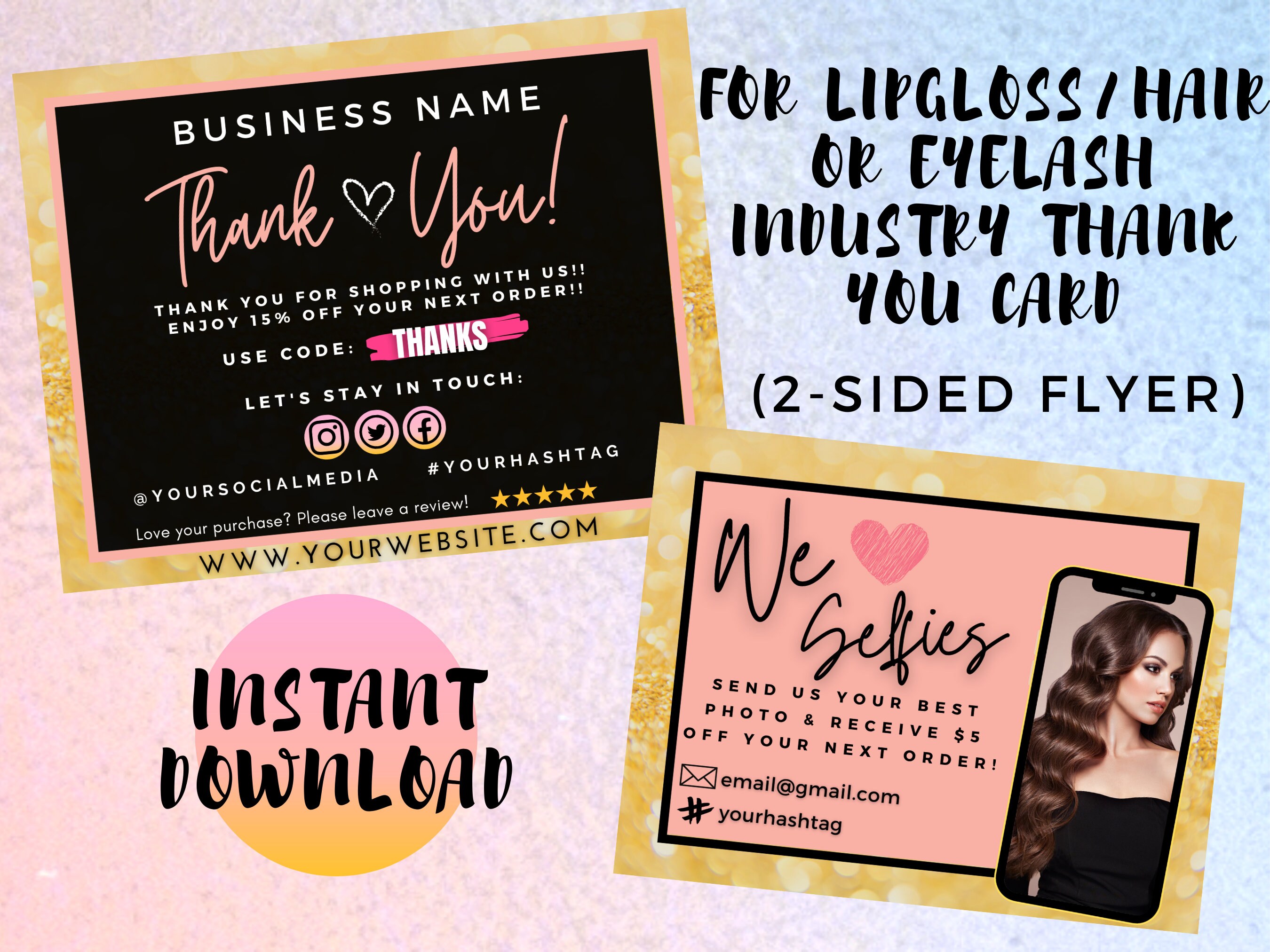 DIY Thank You Card Template 2-sided Editable Lip Gloss Hair - Etsy