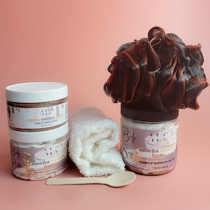 5 pc Spa Pamper Gift Box, Whipped Body Butter & Sugar Scrub Gift Set, Chocolate and Coffee Scented Whipped Soap, Self Care Gift for Her