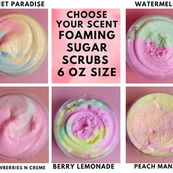 Foaming Sugar Scrubs for Bath and Body, All Natural 6 ounce Exfoliating Scrub, 5 New Scents Body Polish for Self Care, Gentle Body Wash
