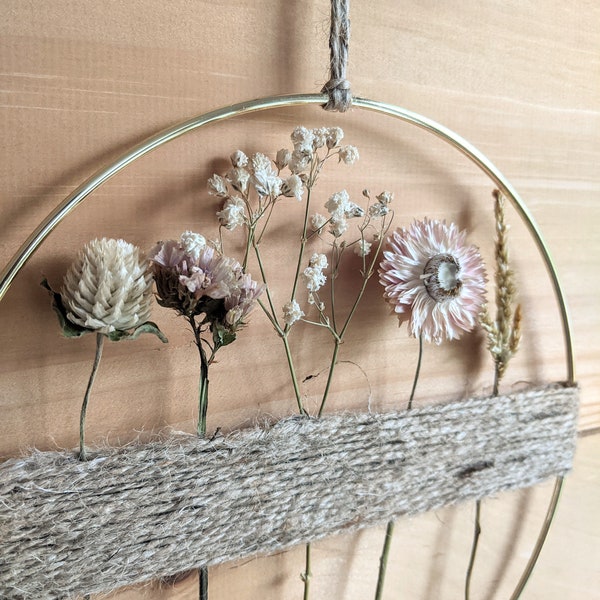 Floral & jute wreath in Vanilla / gold hoop wall hanging with dried flowers / boho modern home decor / natural eucalyptus, babies breath