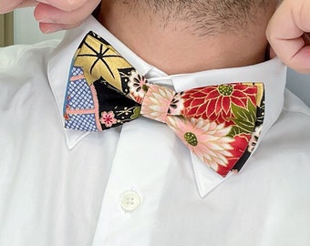 Yakuza Crane And Mount Fuji Kimono Japanese Pre-Tied Bow tie - Japanese Handmade, Birthday Gift for dad, Japanese Wedding Bow tie