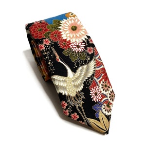 Yakuza Crane And Mount Fuji Kimono Japanese Necktie Japanese Handmade, Birthday Gift for dad, Japanese Indigo Traditional Neck tie for men image 1