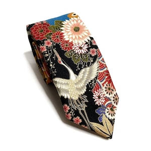 Yakuza Crane And Mount Fuji Kimono Japanese Necktie Japanese Handmade, Birthday Gift for dad, Japanese Indigo Traditional Neck tie for men image 1