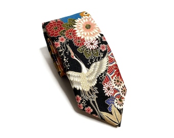 Yakuza Crane And Mount Fuji Kimono Japanese Necktie - Japanese Handmade, Birthday Gift for dad, Japanese Indigo Traditional Neck tie for men