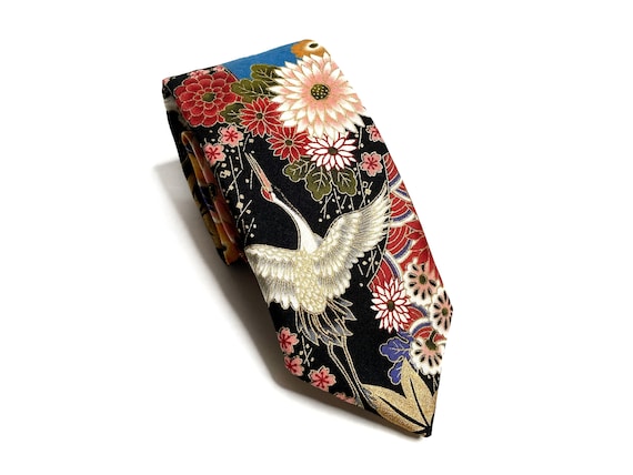 Yakuza Crane And Mount Fuji Kimono Japanese Necktie - Japanese Handmade, Birthday Gift for dad, Japanese Indigo Traditional Neck tie for men
