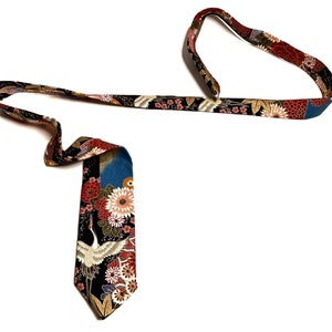 Yakuza Crane And Mount Fuji Kimono Japanese Necktie Japanese Handmade, Birthday Gift for dad, Japanese Indigo Traditional Neck tie for men image 4