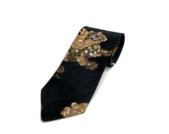 DDP |  Shishi Foo Dogs Japanese Necktie - Bonsai Trees and Lion Dogs Japanese Handmade Tie, Birthday Gift for dad, Japanese Neck tie for men