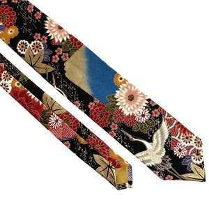 Yakuza Crane And Mount Fuji Kimono Japanese Necktie Japanese Handmade, Birthday Gift for dad, Japanese Indigo Traditional Neck tie for men image 5