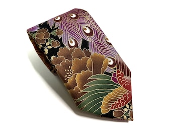 Peacock Bird Floral Japanese Cotton Fabric Necktie - Kimono Japanese Necktie, Japanese Handmade, Gift for dad, Japanese Neck tie for men