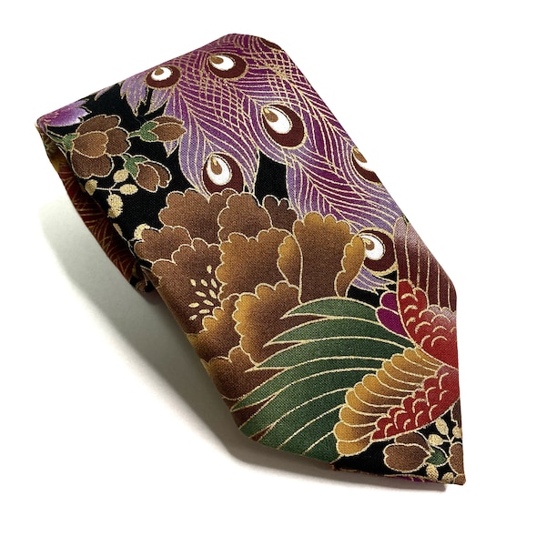 Pfauenvogel Florale japanische Baumwollstoff-Krawatte – japanische Kimono-Krawatte, japanische Handarbeit, Geschenk für Papa, japanische Krawatte für Männer