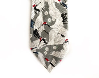 Crane Kimono Japanese Necktie - Japanese Handmade - Birthday Gift Neck tie, Valentines gift, Japanese gift for him, Dad, Yakuza mens necktie