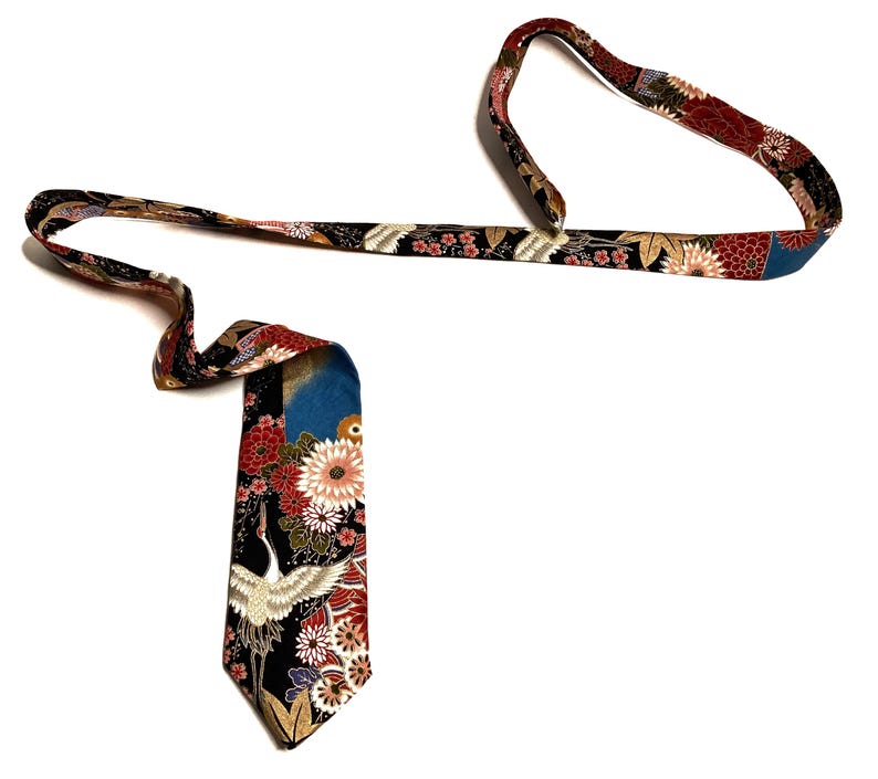 DDP | Yakuza Crane And Mount Fuji Kimono Japanese Necktie - Japanese Handmade, Birthday Gift for dad, Japanese Indigo Traditional Neck tie image 5