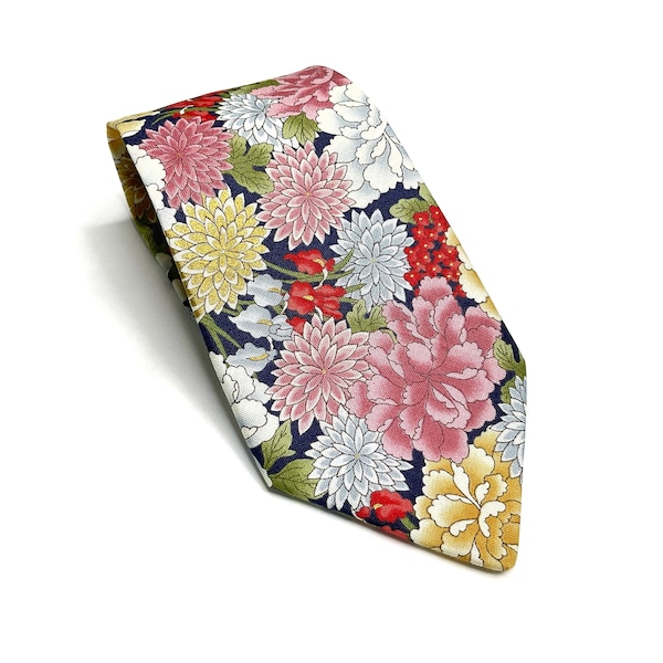 Kiku Botan Japanese Cotton  Handmade Necktie - Japanese Chrysanthemum, Japanese Peony, Birthday Gift For Dad, Neck Tie For Men