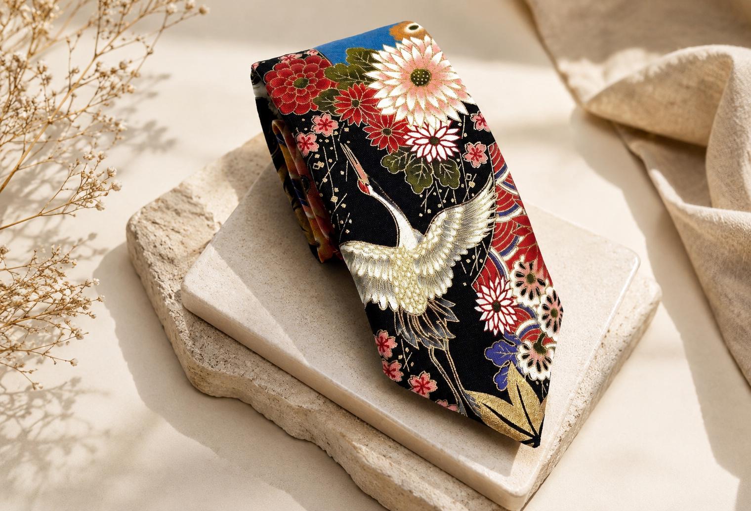 DDP | Yakuza Crane and Mount Fuji Kimono Japanese Necktie