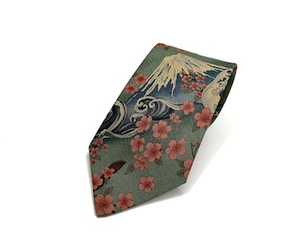 DDP | Japanese Mount Fuji Necktie with Sakura - Great Wave Neck Tie,  Handmade Japanese Tie, Gift for Him, Japanese Accessories