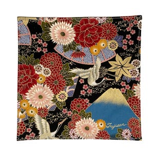 May include: Square black fabric with a Japanese-inspired floral and crane design. Features red, pink, and gold flowers, a blue mountain, and the word "Fujisan".