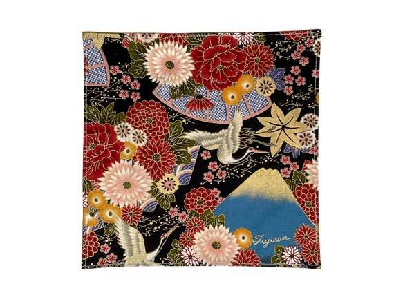 Yakuza Crane And Mount Fuji Kimono Japanese Pocket Square - Japanese Cotton Handmade Handkerchief, Birthday Gift for dad, Japanese Hanky