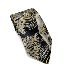 DDP | The Great Wave off Kanagawa Kimono Black Japanese Necktie - Japanese Handmade, Birthday Gift for dad, Japanese Traditional tie for men