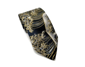 DDP | Cravate japonaise noire en kimono de la grande vague de Kanagawa - Fait main au Japon, cadeau d'anniversaire pour papa, cravate traditionnelle japonaise pour homme