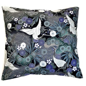 Japanese Crane Navy Cushion Cover - Japanese Kimono Pillow Cover, Japanese Bird Navy Throw Pillow, Japanese Gifts, Japanese Pillowcase