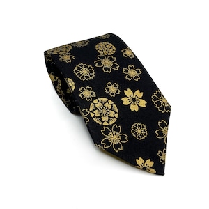 Yakuza Sakura Kimono Japanese Necktie - Black Tie with Gold Japanese Cherry Blossom Pattern, Birthday Gift for dad, Japanese tie for men
