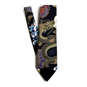 Yakuza Dragon And Ukiyo-e Japanese Wave Kimono Japanese Necktie - Japanese Handmade, Birthday Gift for dad, Japanese Fabric Neck tie for men