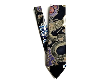 Yakuza Dragon And Ukiyo-e Japanese Wave Kimono Japanese Necktie - Japanese Handmade, Birthday Gift for dad, Japanese Fabric Neck tie for men