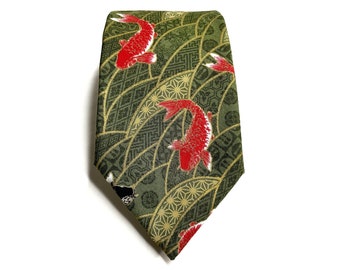 Koi Fish Necktie - Japanese Handmade, Kimono Fabric Necktie, Birthday Gift for dad, Japanese Neck tie for men, Christmas Gift, wedding ties