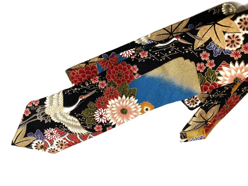 Yakuza Crane And Mount Fuji Kimono Japanese Necktie Japanese Handmade, Birthday Gift for dad, Japanese Indigo Traditional Neck tie for men image 6