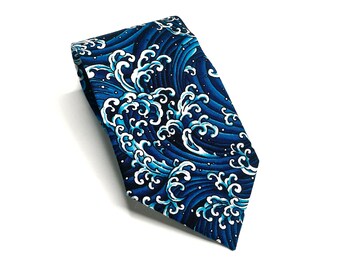 The Great Wave of Kanagawa Kimono Japanese Necktie - Japanese Handmade, Birthday Gift for dad, Japanese Indigo Traditional Neck tie for men