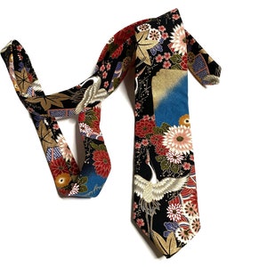 Yakuza Crane And Mount Fuji Kimono Japanese Necktie Japanese Handmade, Birthday Gift for dad, Japanese Indigo Traditional Neck tie for men image 9