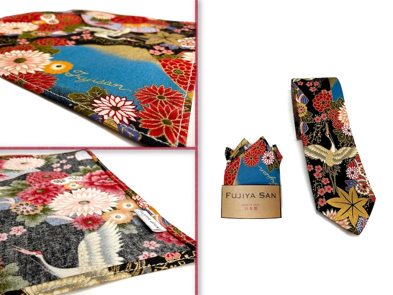 May include: A black necktie, pocket square, and fabric swatch with a Japanese floral and crane design. The tie and pocket square feature a blue mountain scene with the text "FUJIYA SAN". The fabric has red, white, and gold floral patterns.