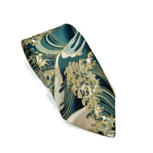 The Great Wave of Kanagawa Kimono Japanese Necktie - Japanese Handmade, Birthday Gift for dad, Japanese Indigo Traditional Neck tie for men