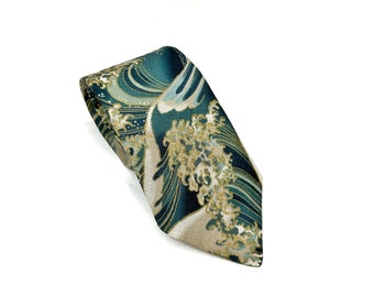 Cravate japonaise kimono La grande vague de Kanagawa - Fait main au Japon, cadeau d'anniversaire pour papa, cravate traditionnelle indigo du Japon pour homme