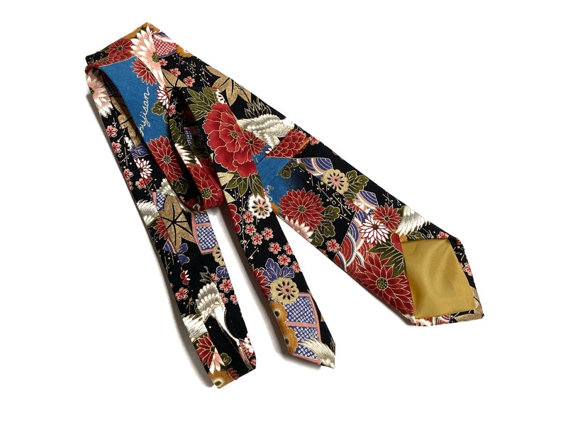 Yakuza Crane And Mount Fuji Kimono Japanese Necktie Japanese Handmade, Birthday Gift for dad, Japanese Indigo Traditional Neck tie for men image 7