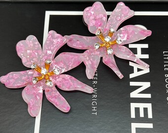 Flower Statement Dangle Earrings with diamante buds/Statement Pink Flower Dangle Earrings/Statement Luxe Bronze Flower Resin Dangle Earrings