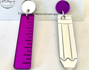 Statement Pencil and Ruler Dangle Earrings/ School Teacher Dangle Earrings/ Silver Pencil Earrings with Purple Rule Earrings/Teacher Gift