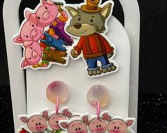 The Three Little Pigs Character Resin Earrings/ Character Fairytale Story Dangle Earrings/Wolf earrings/ Children's book earrings