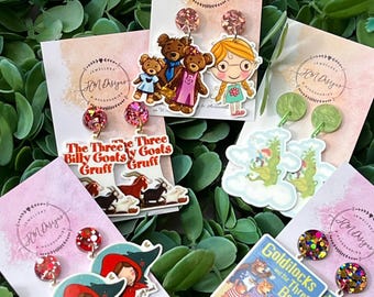 Book Fairytale Character Earrings/ Jack and the Beanstalk Resin Earrings/ Character Fairytale Story Dangle Earrings/Goldilocks Earrings/Book