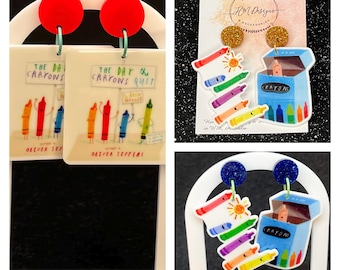 Book week Crayon story earrings/Storybook Crayon Character Resin Earrings/ Fiction Crayon Book Resin Earrings/Quit Crayons Novelty Dangles