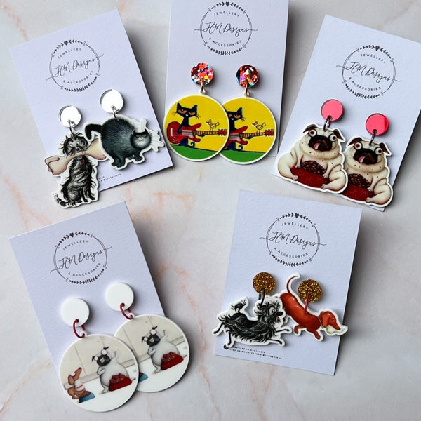 Book Character Cat and Dog Resin Dangle Earrings/  Cat or Dog Book Character Resin Dangle Earrings/ Book Character Teacher Earrings