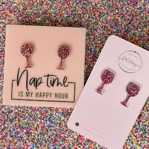 Statement Glitter Wine Stud Earrings/ Statement Wine Glass Stud Earrings