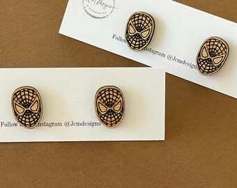 Wood Look Masked Character Stud Earrings/ Superhero Stud Earrings/ Inspired by a Man/ Inspired by a Spider