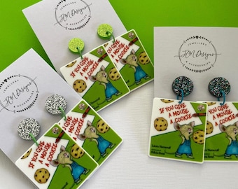 Mouse Book Story Character Earrings/ Give a Mouse a Cookie Story Earrings/ Picture Book Resin Dangle Earrings