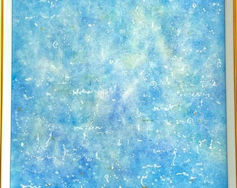 Oryginalny abstrakcyjny obraz pastelowy „Deszcz” autorstwa HIDEKI – delikatny, błękitny, eteryczny obraz, mała, oprawiona japońska dekoracja ścienna w stylu zen do nowoczesnego domu i biura