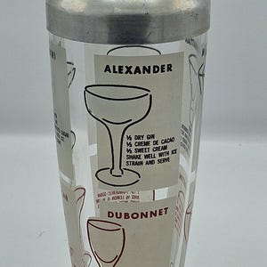 Vintage MCM Large 32- Ounce Glass Cocktail Shaker w/ Lid & recipe Logos