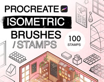 Könnte beinhalten: Ein Set mit 100 isometrischen Procreate-Pinseln und -Stempeln zum Erstellen einer Ladenszene. Das Bild zeigt ein rosa-weißes isometrisches Ladeninnere mit einer Bäckereiauslage, Regalen und einer Kasse. Der Text "SHOP EDITION" wird im Vordergrund angezeigt.